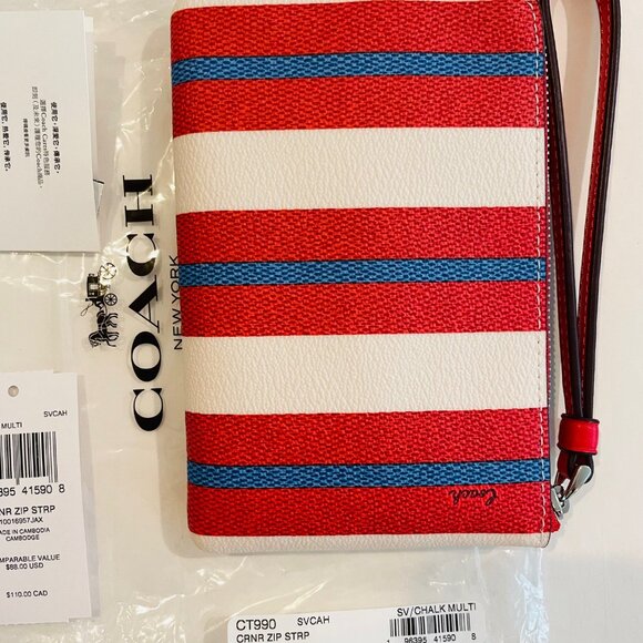 Coach Corner Zip Wristlet W/Stripe Print, red,coated canvas and recycled leather - Picture 2 of 9